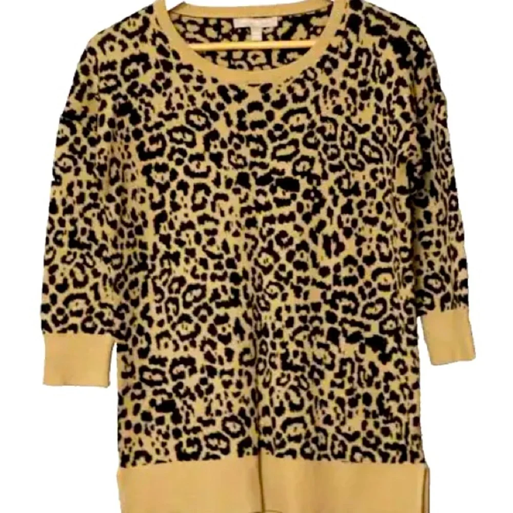 Banana Republic L leopard print black taupe crew neck sweater tunic 3/4 sleeve